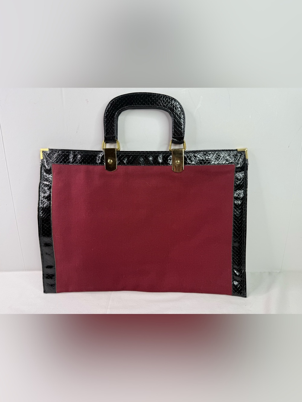Burgundy Portfolio Tote Black Croc Leather Trim with Top Handles